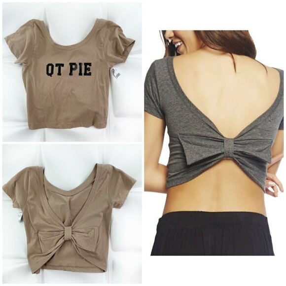 NWT Wet Seal Sz L Taupe Bow Back Cropped QT Pie Top Soft Graphic T-Shirt Womens - Picture 1 of 6